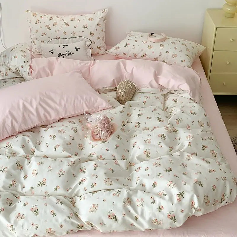 Romantic Cherry Heart Duvet Cover Set Flat Sheet Pillowcases Fashion New Twin Full Floral Summer Spring Bedding Set