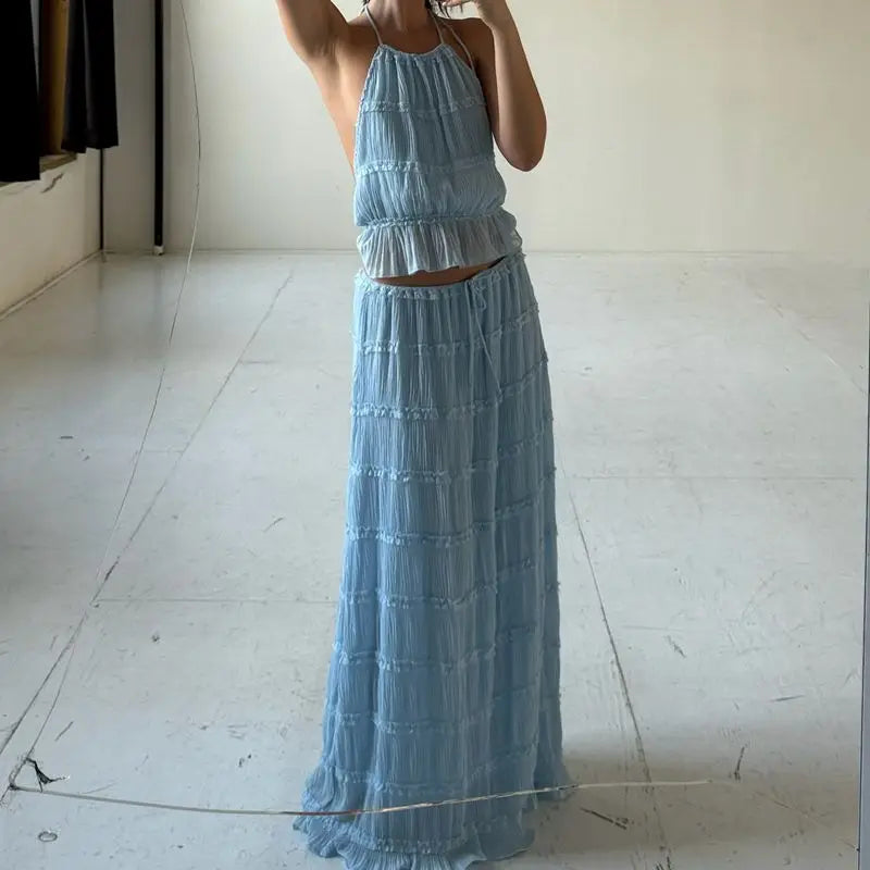 Blue Smocked Open Back Top And Drawstring Long Tiered Skirt