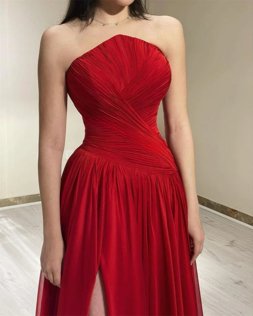 Red Pleated Strapless Slit Maxi Dress