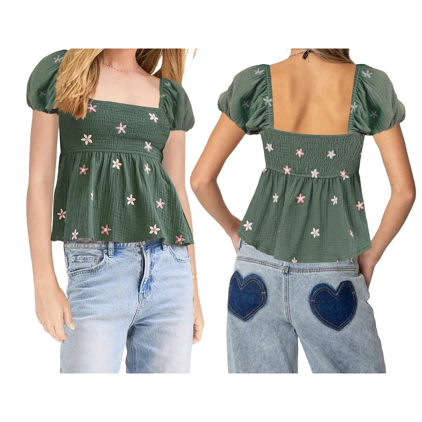Puff Sleeve Flower Embroidered Smocked Square Neck Babydoll Top