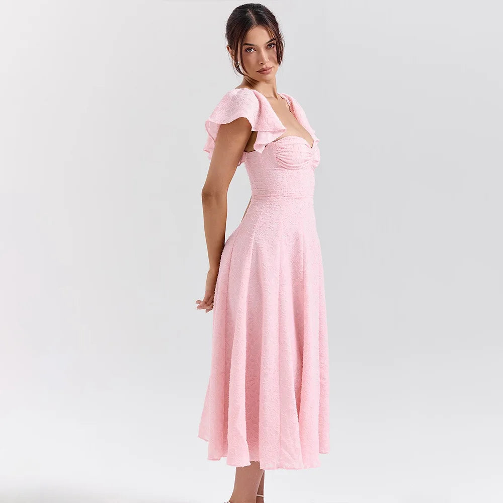 Pink Short Puff Sleeves Jacquard Print Maxi Dress