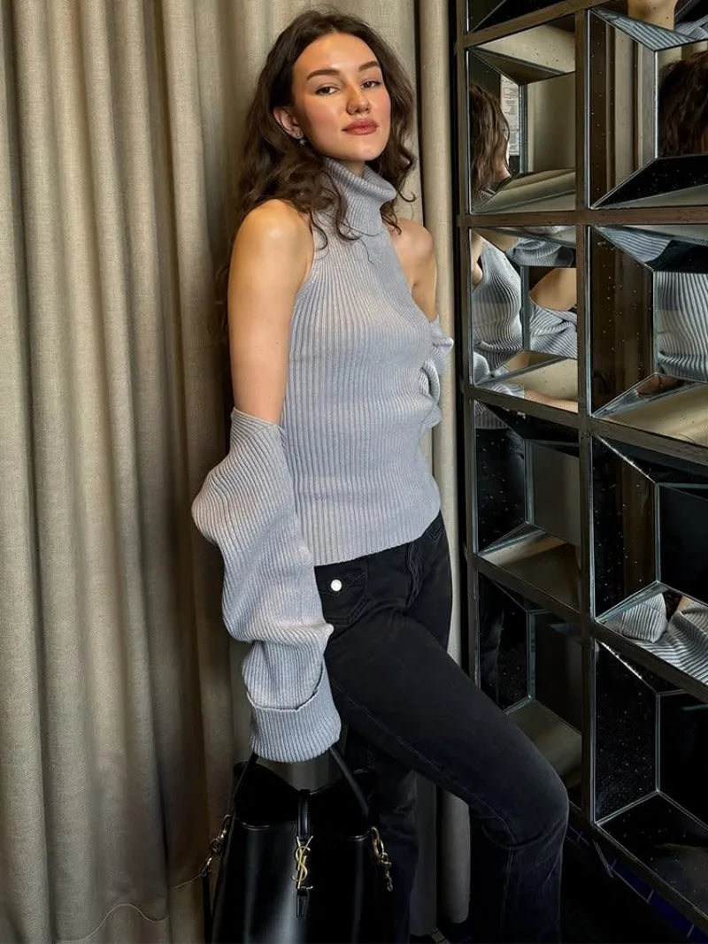 Grey Knit Turtle Neck Removable Sleeve Tank Top