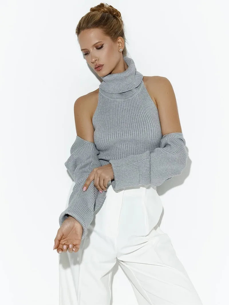 Grey Knit Turtle Neck Removable Sleeve Tank Top