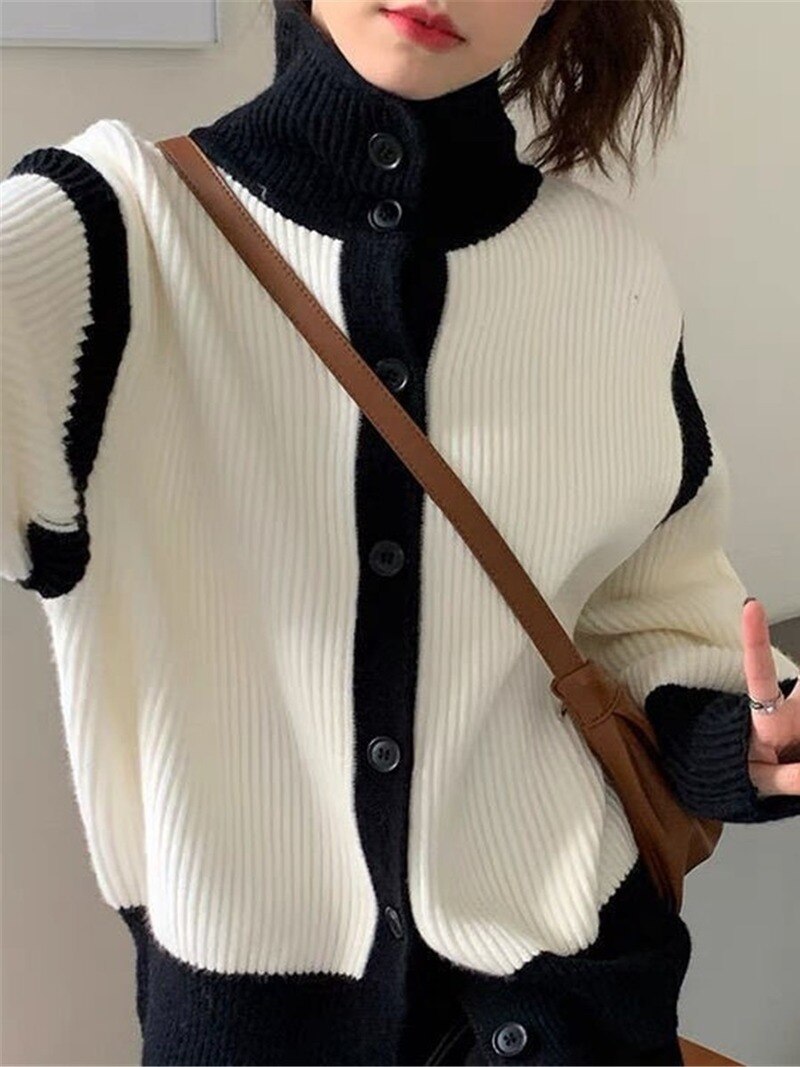 Contrast Turtleneck Buttoned Cardigan