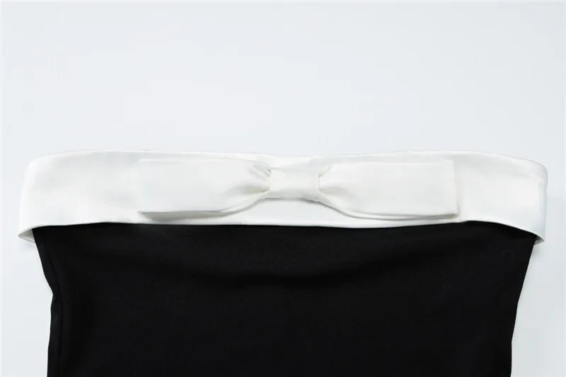 Black Strapless White Satin Bow Midi Dress