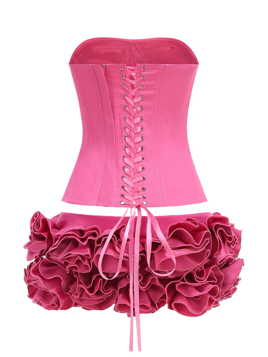 Corset Top And 3d Flower Micro Skirt Set
