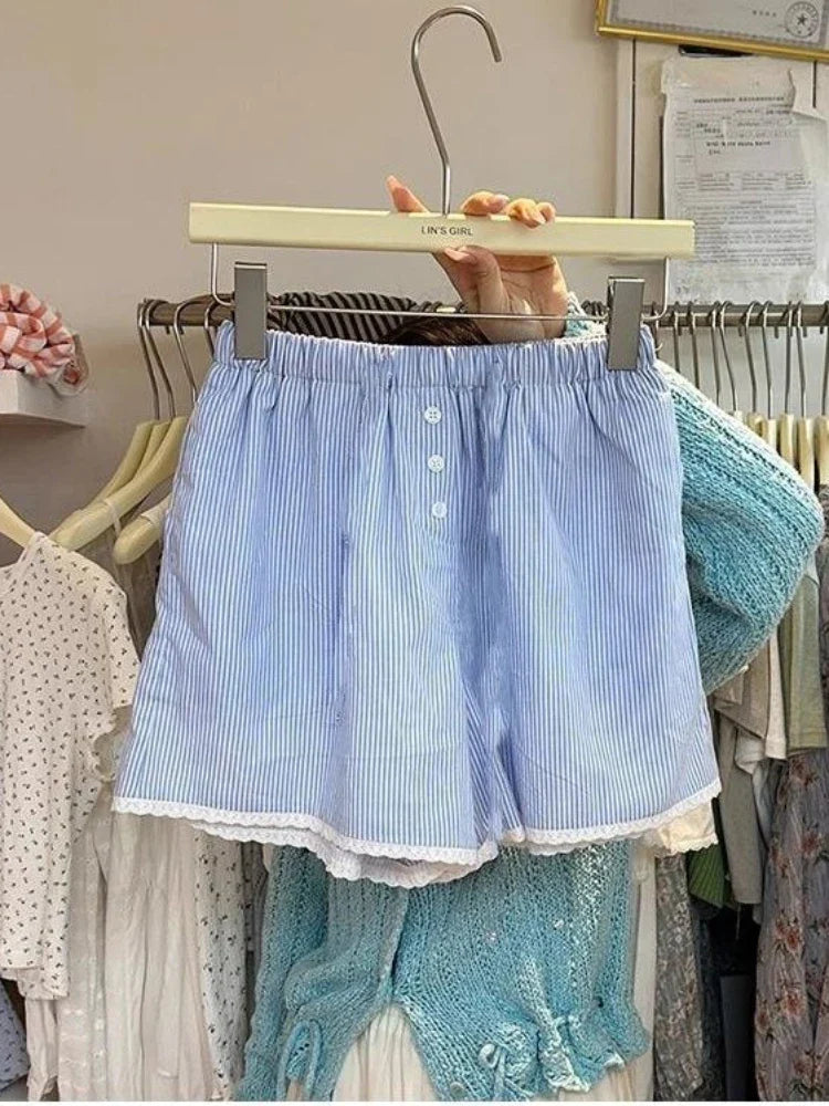 Blue Stripe Lace Trim Boxer Shorts
