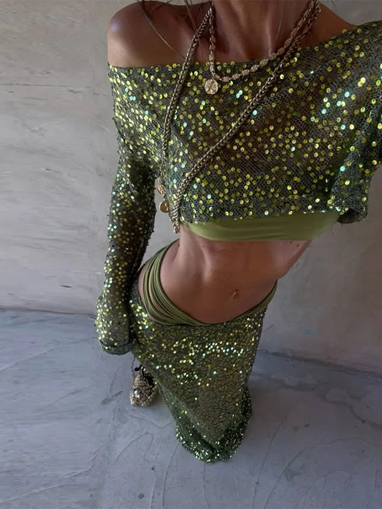 Green Sequin Long Sleeve Top And Maxi Skirt Set