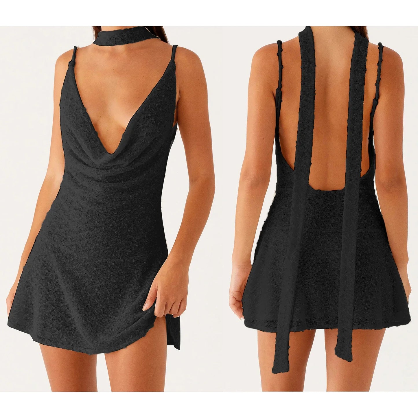 Sheer Cowl Ruffled Hem Cami Dress with Scarf - Mini A-Line