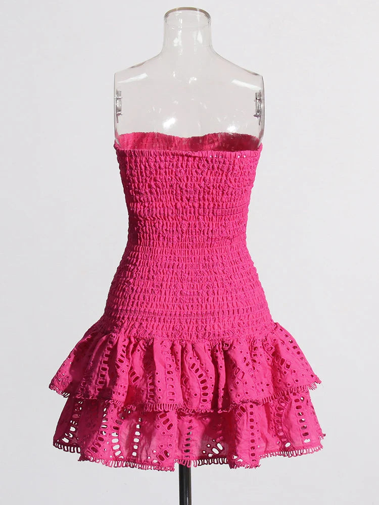 Ruched Strapless Embroidered Frill Mini Dress