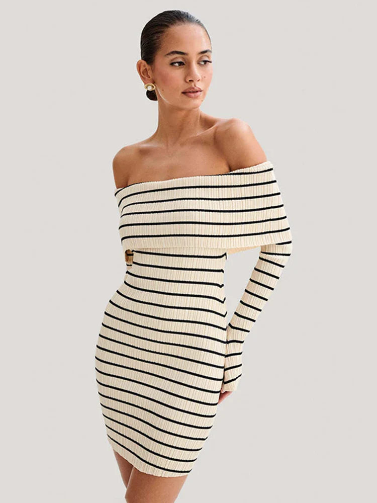Striped Long Sleeve Knit Off-Shoulder Mini Dress