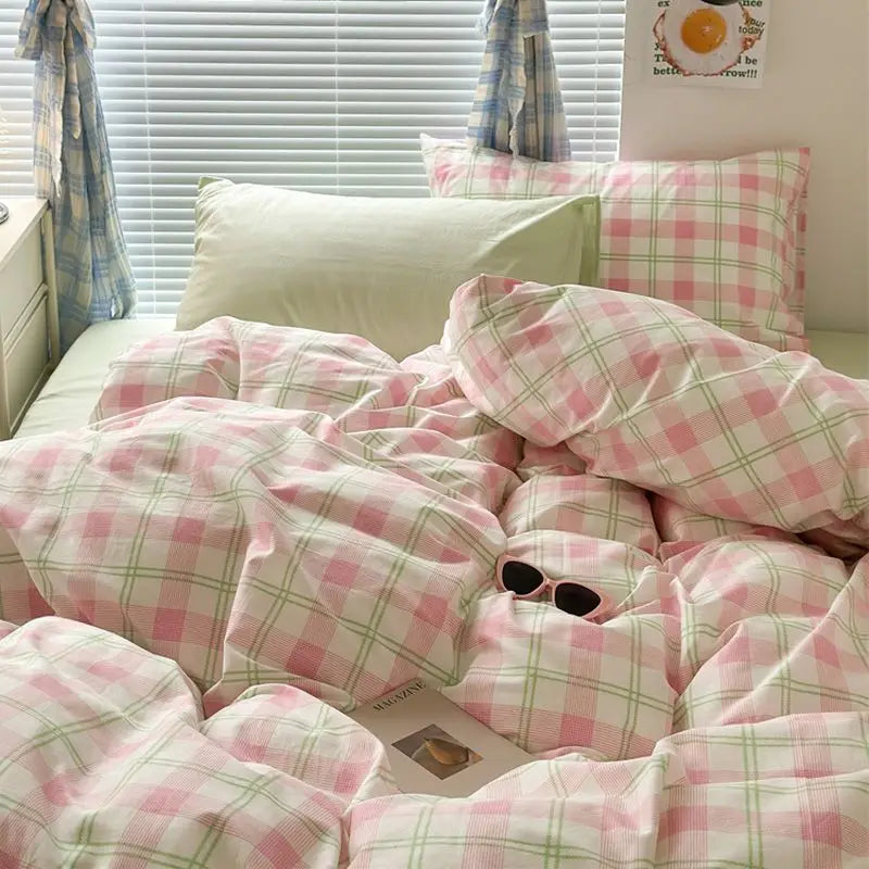 Grey Plaid Bedding Set Ins Style Nordic Duvet Cover Flat Sheet Pillowcases No Filler Full Queen Size Girls Boys Home BedSpread