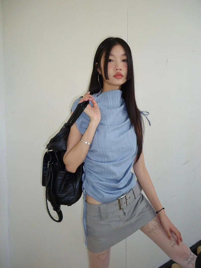 Striped Irregular Drawstring Lace Up High Neck Tees