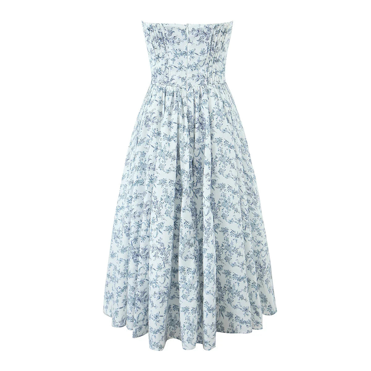 Blue Floral Corset Strapless Midi Dress