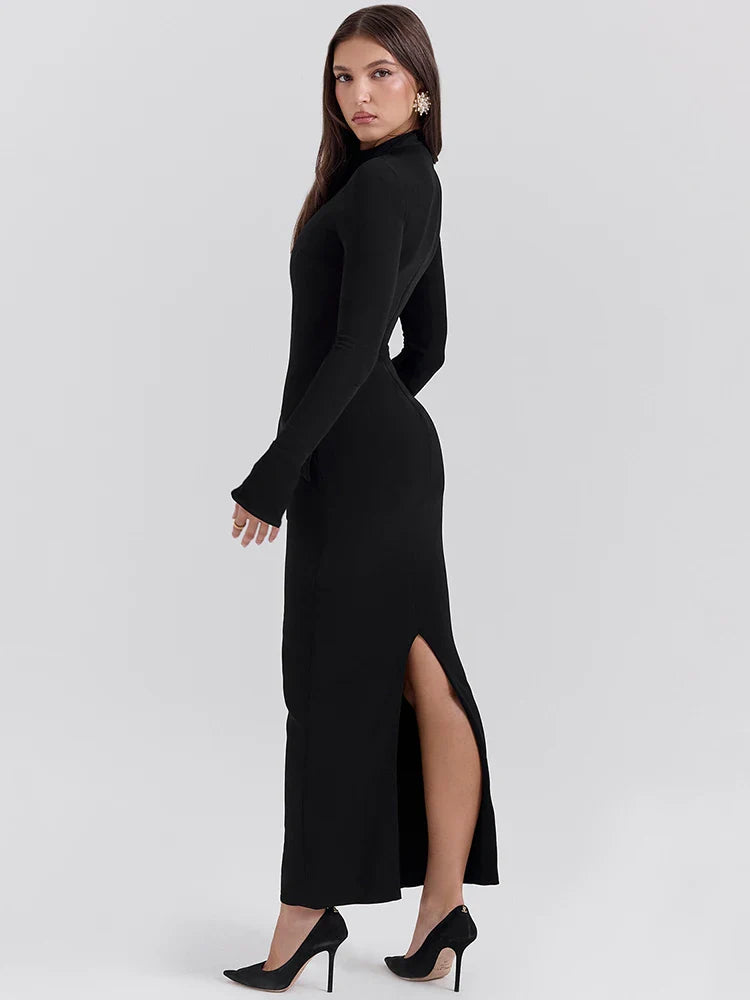 Black Long Sleeve Solid Mock Neck Maxi Dress