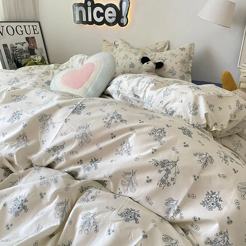 Romantic Cherry Heart Duvet Cover Set Flat Sheet Pillowcases Fashion New Twin Full Floral Summer Spring Bedding Set
