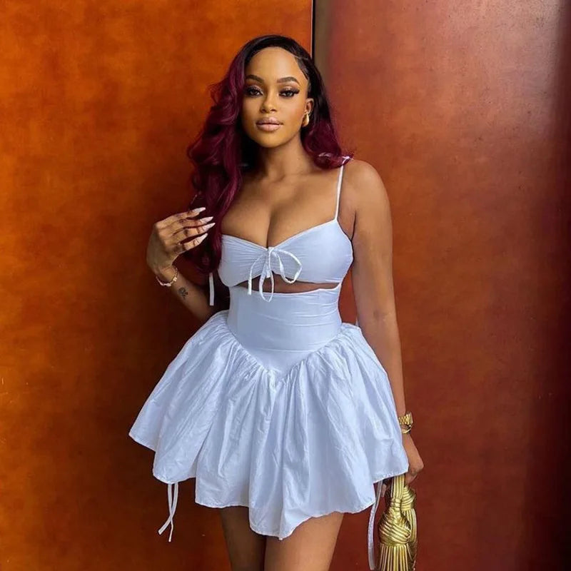 Tie Up Cut Out White Flare Mini Dress