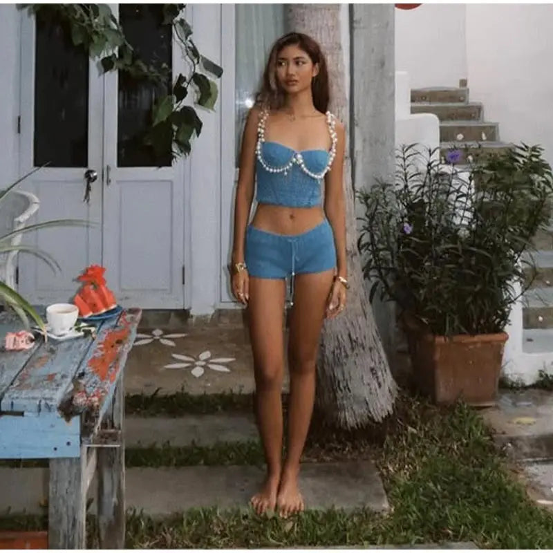 Knit Crochet Pearl Strap Bralette And Shorts Sets
