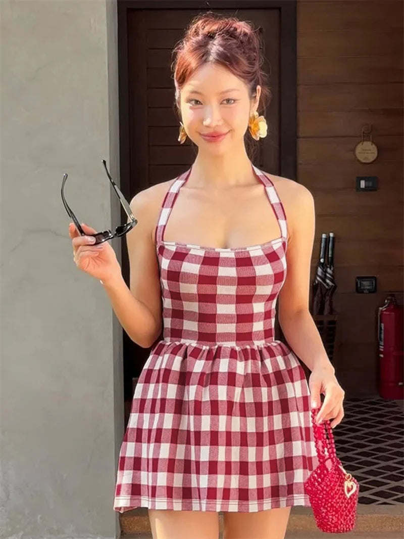 Red Halter Plaid Print Mini Dress