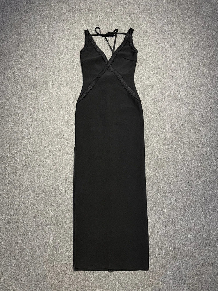 Black Lace Patchwork Bandage Midi Dress