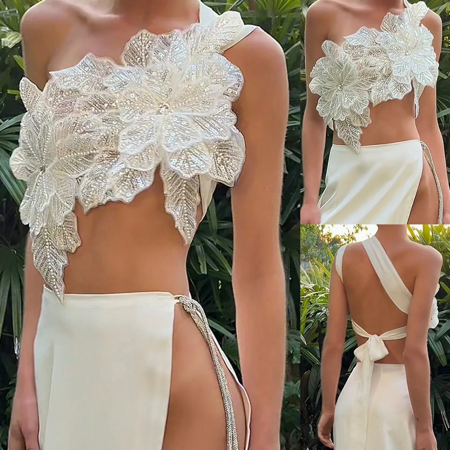 3D Layered Flower Rhinestone Bra Bow Tied Top