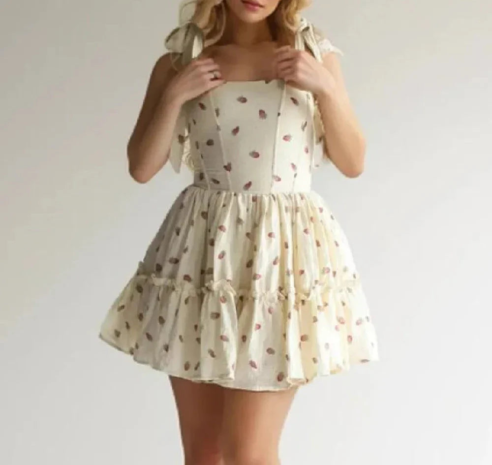 Beige Strawberry Print Tie Strap Mini Dress