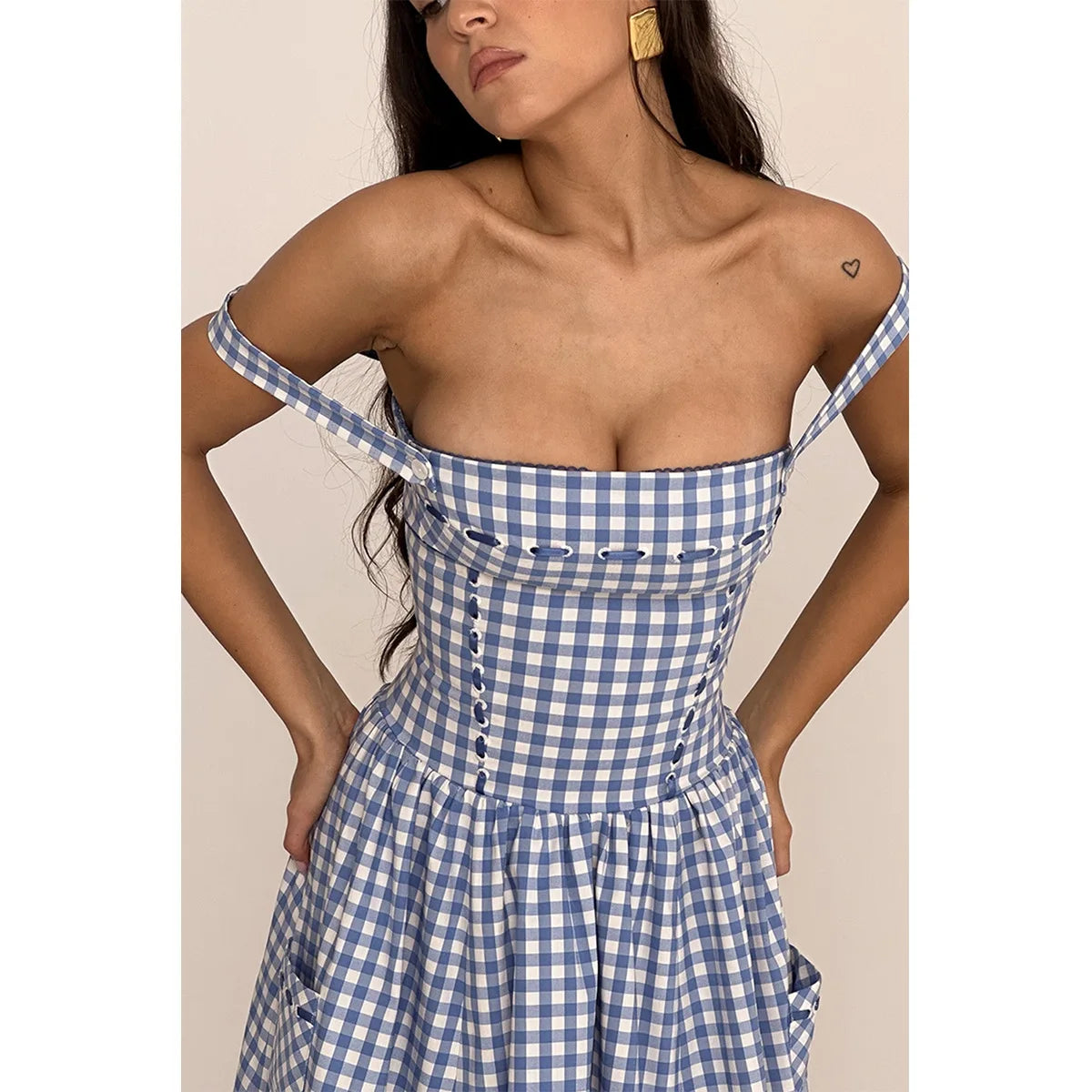 Blue Gingham Strap Midi Dress