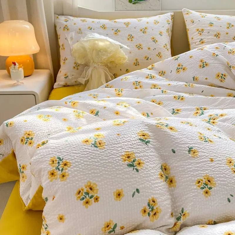 Romantic Floral Duvet Cover Set No Filler Soft Seersucker King Single Szie Pillowcases Flat Sheet Home Decoration Bed Linens