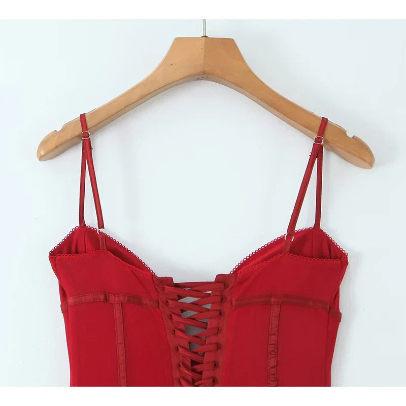 Red Spaghetti Straps Lace Up Bandage Bodycon Midi Dress