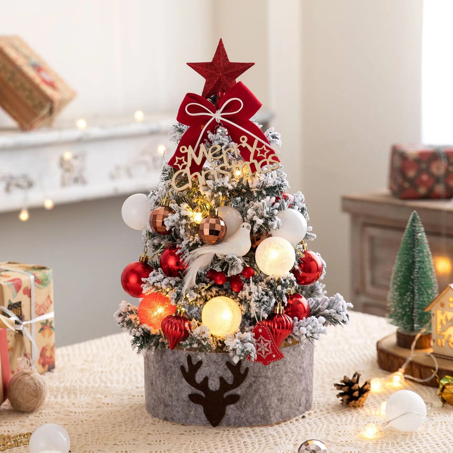 45/60cm Mini Christmas Tree With Lights DIY Desktop Golden Red Christmas Decorations 2023 New Year Home Party Windows Ornaments