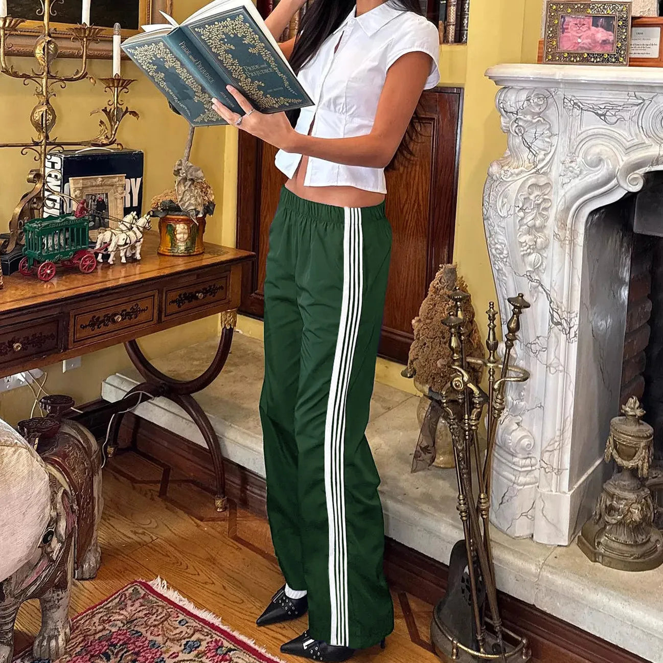 Striped Elastic Waist Wide Leg Track Pants