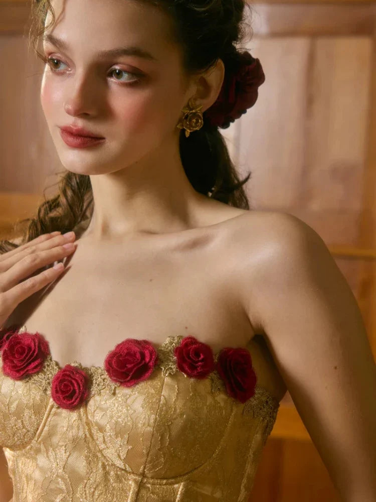 Red Drape Flower Corset Strapless Midi Dress