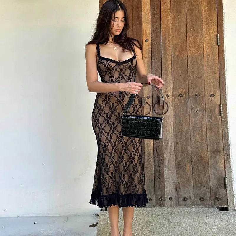 Black Lace Layered Midi Dress
