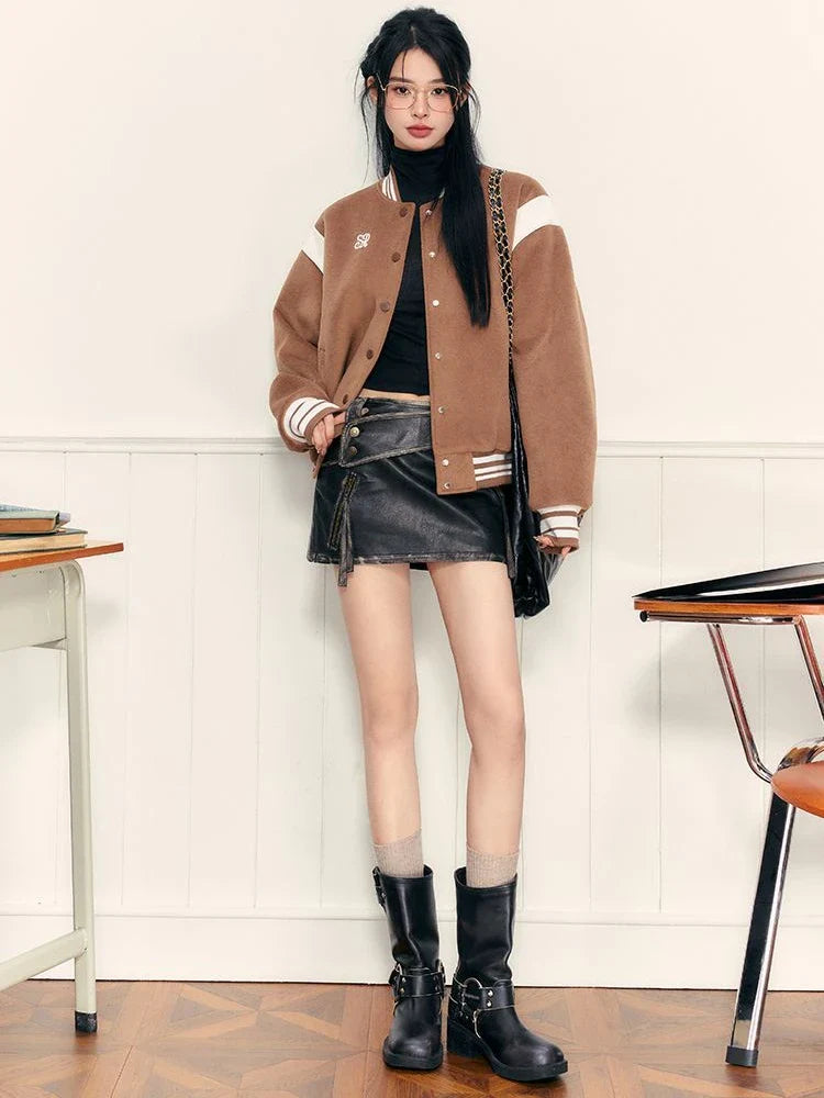 PU Leather High Waist A-Line Zipper Design Belted Mini Skirt