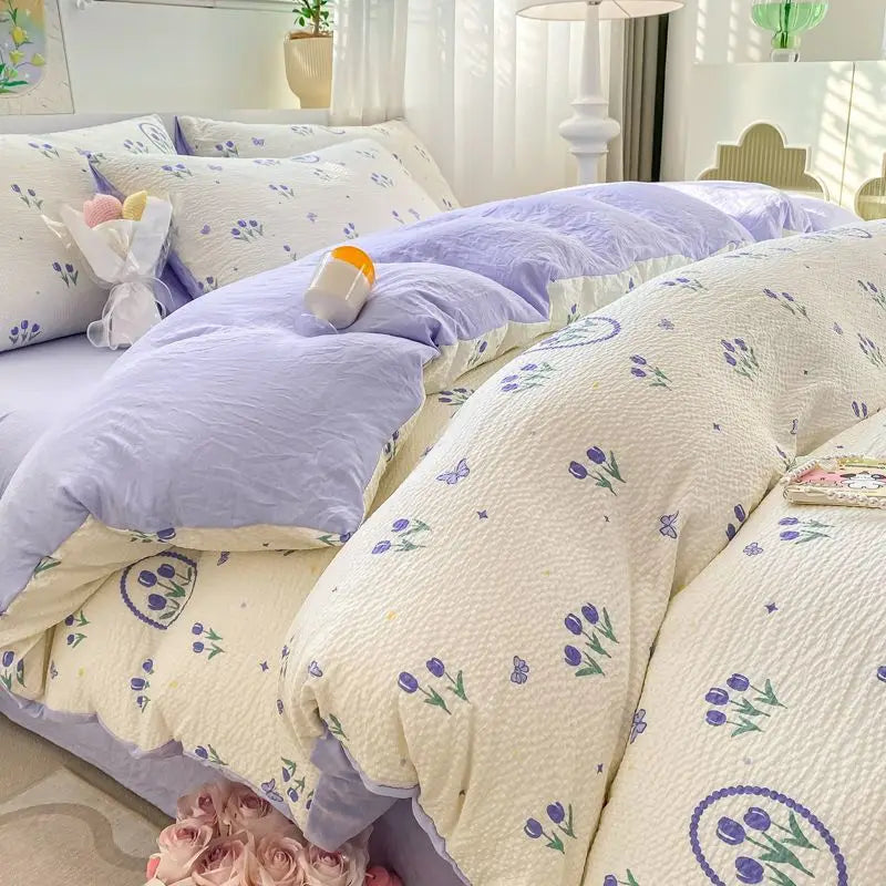 Romantic Floral Duvet Cover Set No Filler Soft Seersucker King Single Szie Pillowcases Flat Sheet Home Decoration Bed Linens