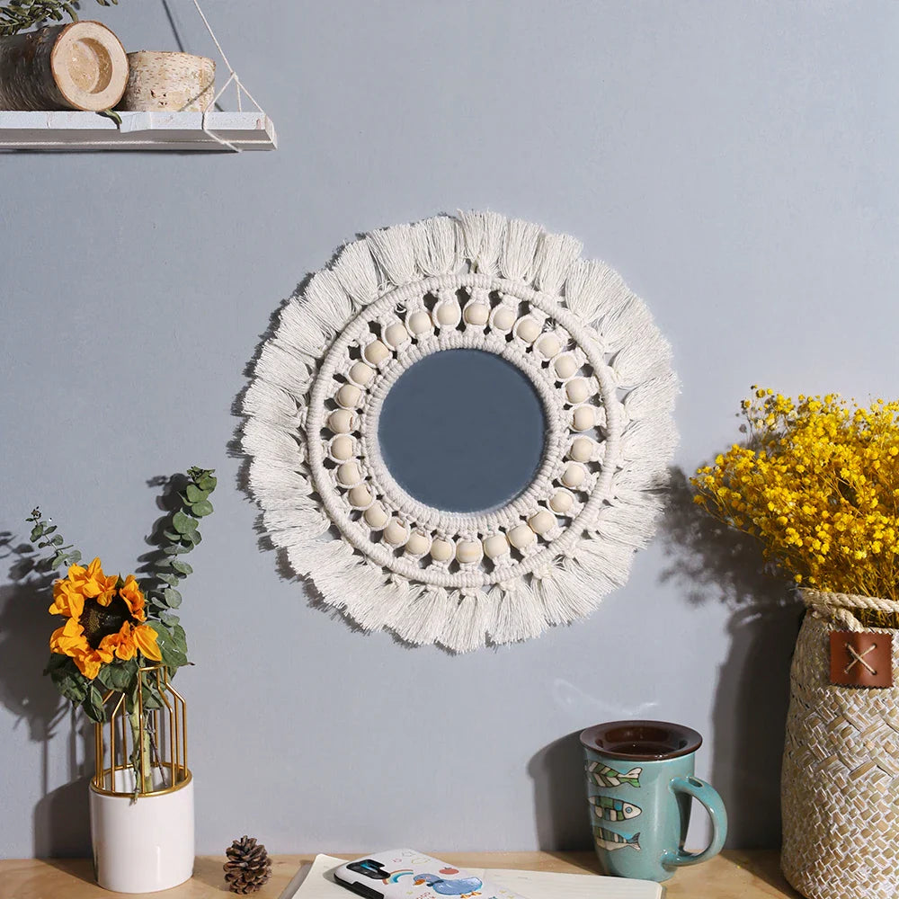 Macrame Decorative Wall Mirror Boho Home Decor Makeup Aesthetic Mirrors Living Room Bedroom Christmas Wedding Decoration Gift