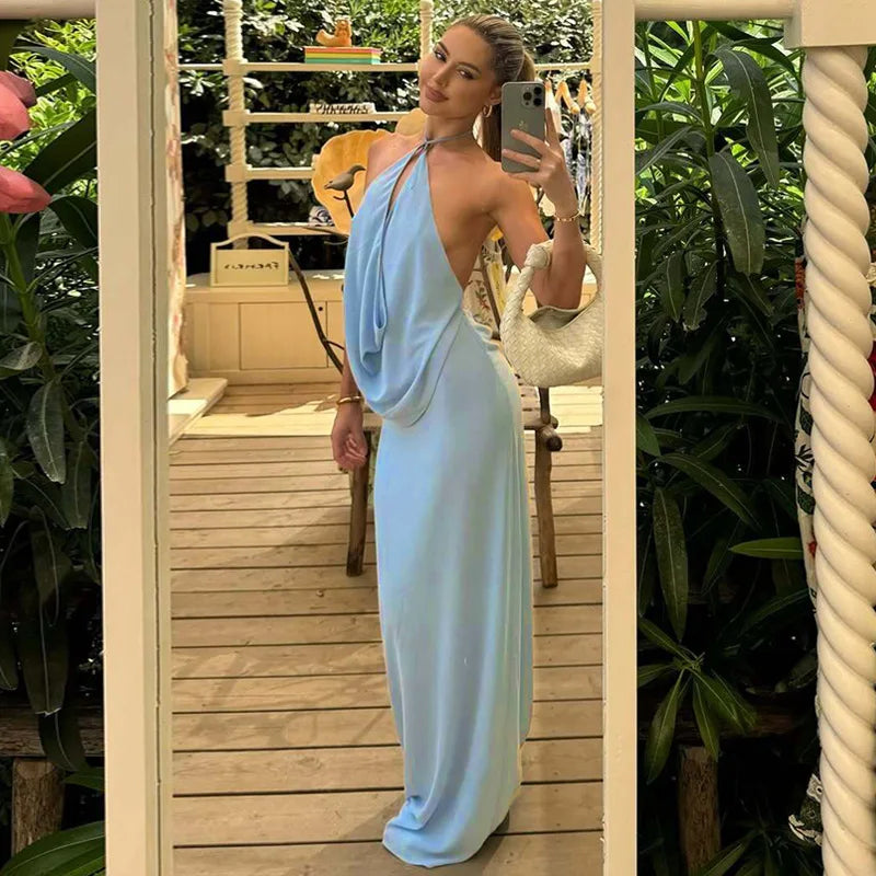 Blue Halter Drape Top And Maxi Skirt Set