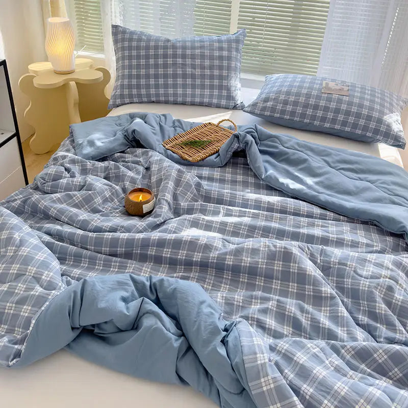 Thin Summer Quilt New Japanese Style Blue Pink Plaid Twin Queen Size Blanket Soft Kids Adult Ins Washable Cool Quilt
