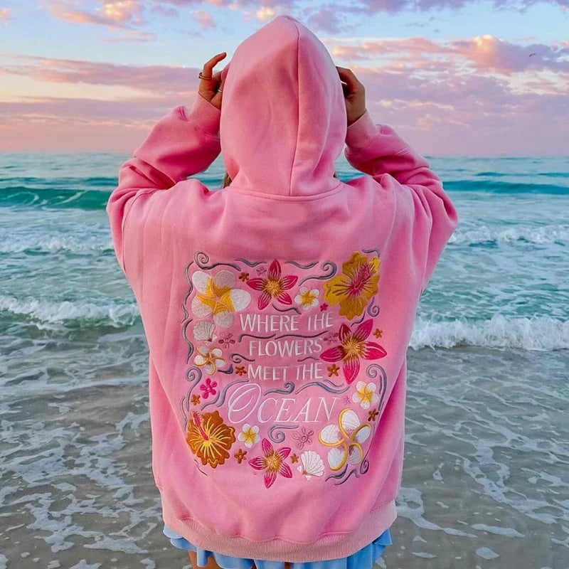 Floral Letter Embroidery Hoodie - Loose Fit Pullover