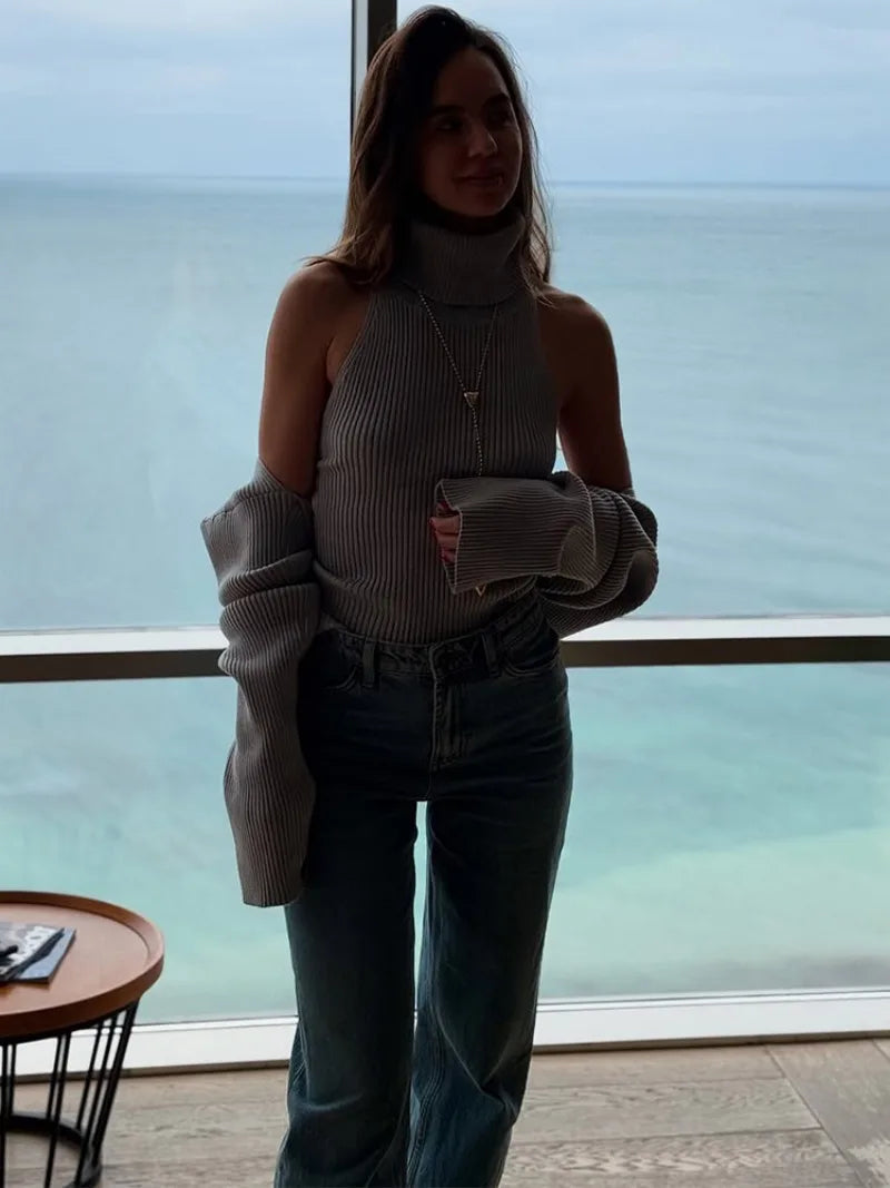 Grey Knit Turtle Neck Removable Sleeve Tank Top