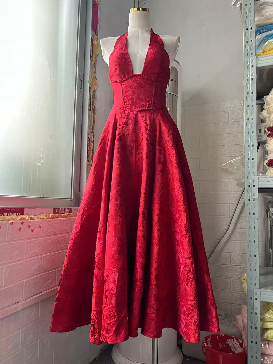 Satin Jacquard Deep Neck Print Flare Maxi Dress