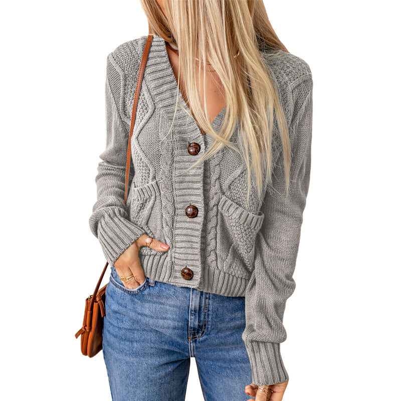 Solid Color Knitted Cardigan Pocket Button Texture Long Sleeve