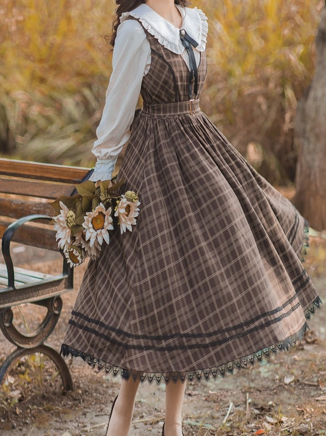 Academia Women's Retro French College Style Art Plaid Top and Dress Set