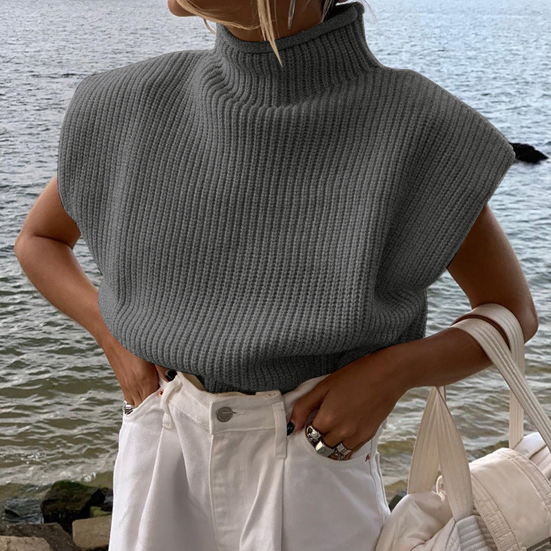 High Neck Knitted Sleeveless Loose Sweater