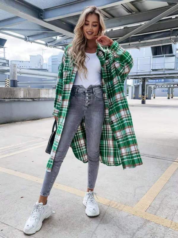 Women's Casual Long Plaid Shirt Jacket