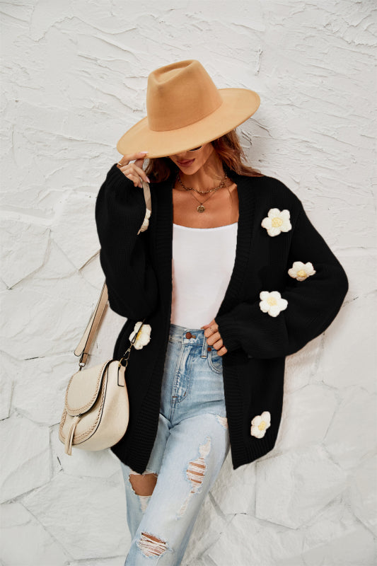 Long-Sleeved Floral Cardigan Lantern Sleeves Knitted Sweater Jacket