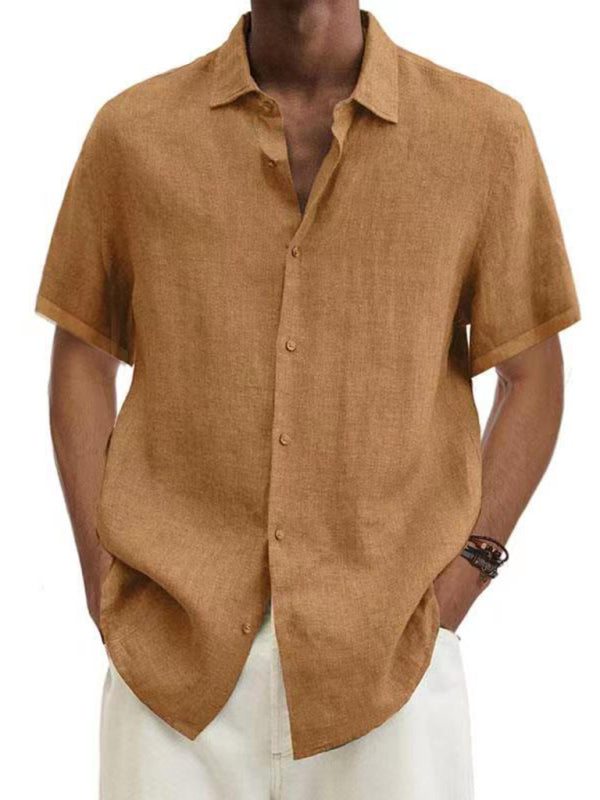 Men's Woven Cotton Linen Casual Short Sleeve Shirt