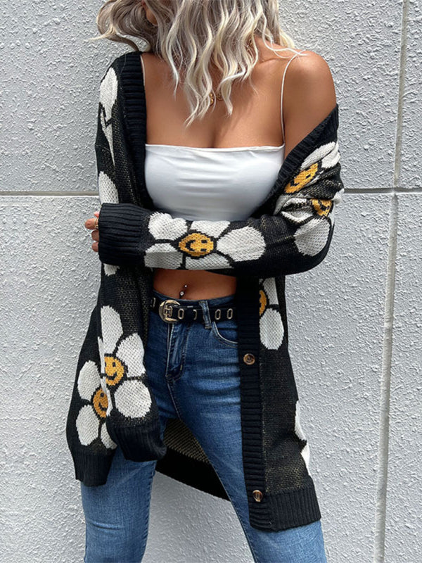 Smiley Flower Mid Length Floral Long Sleeve Sweater Cardigan