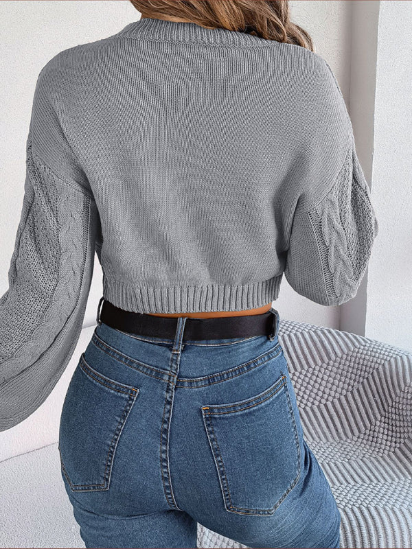 Autumn and Winter Casual Solid Color Twist Long-Sleeved Pullover Cropped Sweater