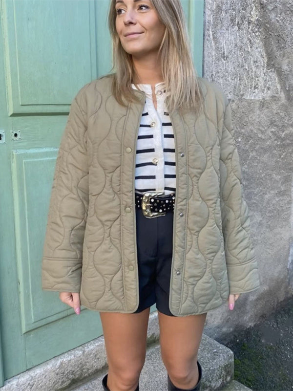 Round Neck Loose Rhombus Cotton Coat with Extended Thread